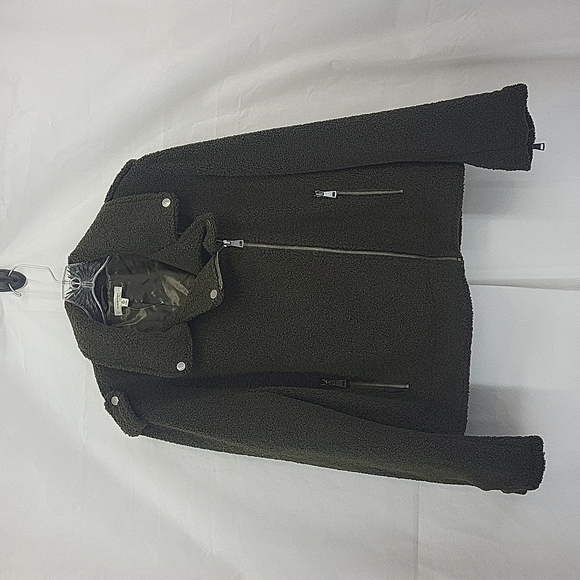 MAX STUDIO Olive Green Lightweight Faux Shearling Moto Jacket - Picture 1 of 12